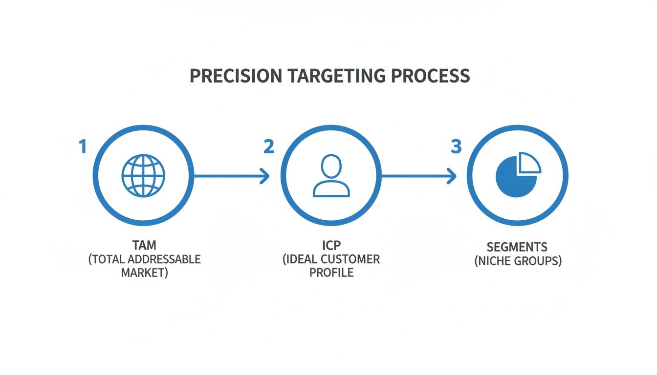 A diagram illustrating the precision targeting process, from total addressable market to ideal customer profiles and niche segments.
