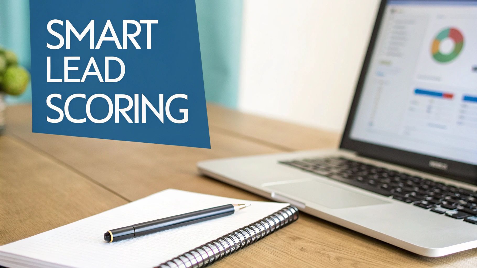A laptop displaying lead scoring analytics and charts, with a notebook and pen on a wooden desk, and a 'SMART LEAD SCORING' overlay.