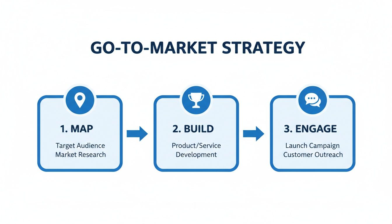 A Go-To-Market Strategy infographic showing three steps: Map, Build, Engage with detailed actions.