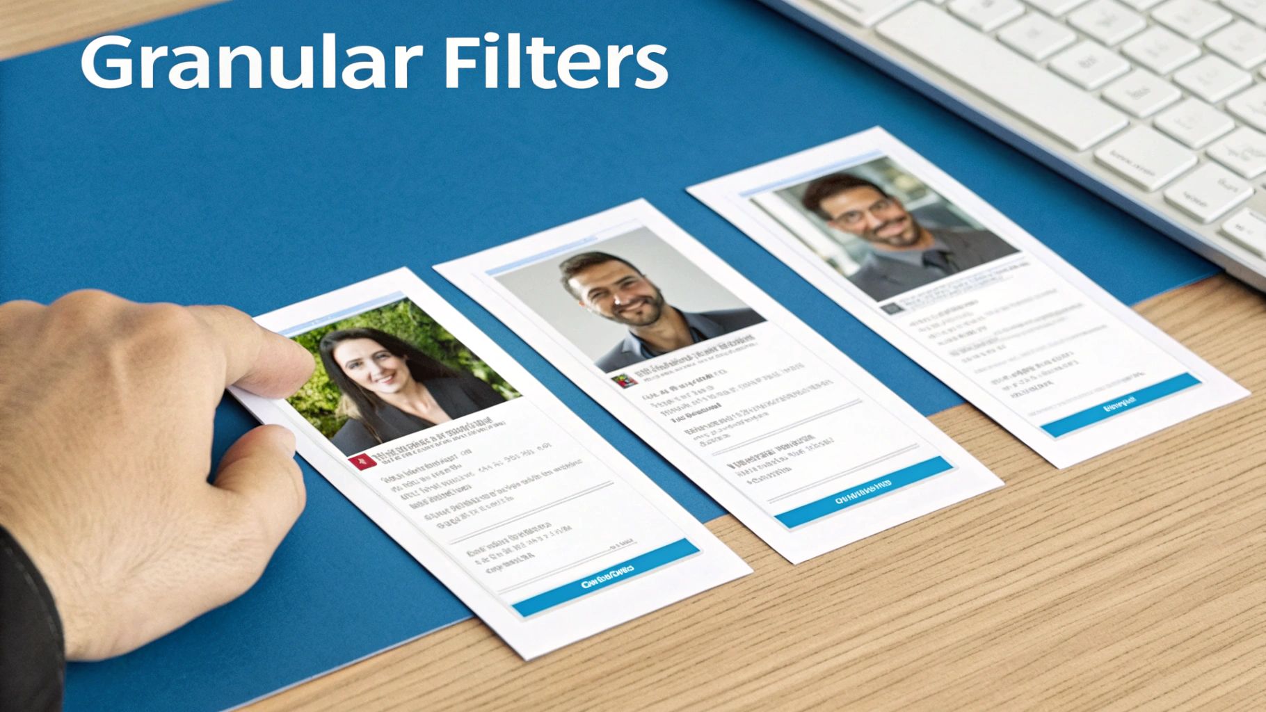 Hand selecting candidate profiles with photos and contact information demonstrating LinkedIn advanced filtering features