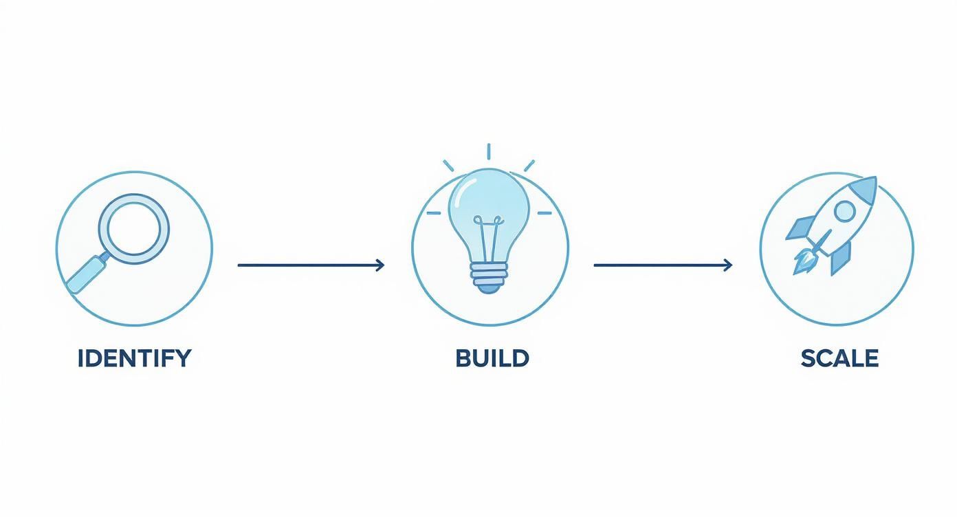 A three-step business development process illustration: Identify (magnifying glass), Build (lightbulb), and Scale (rocket).