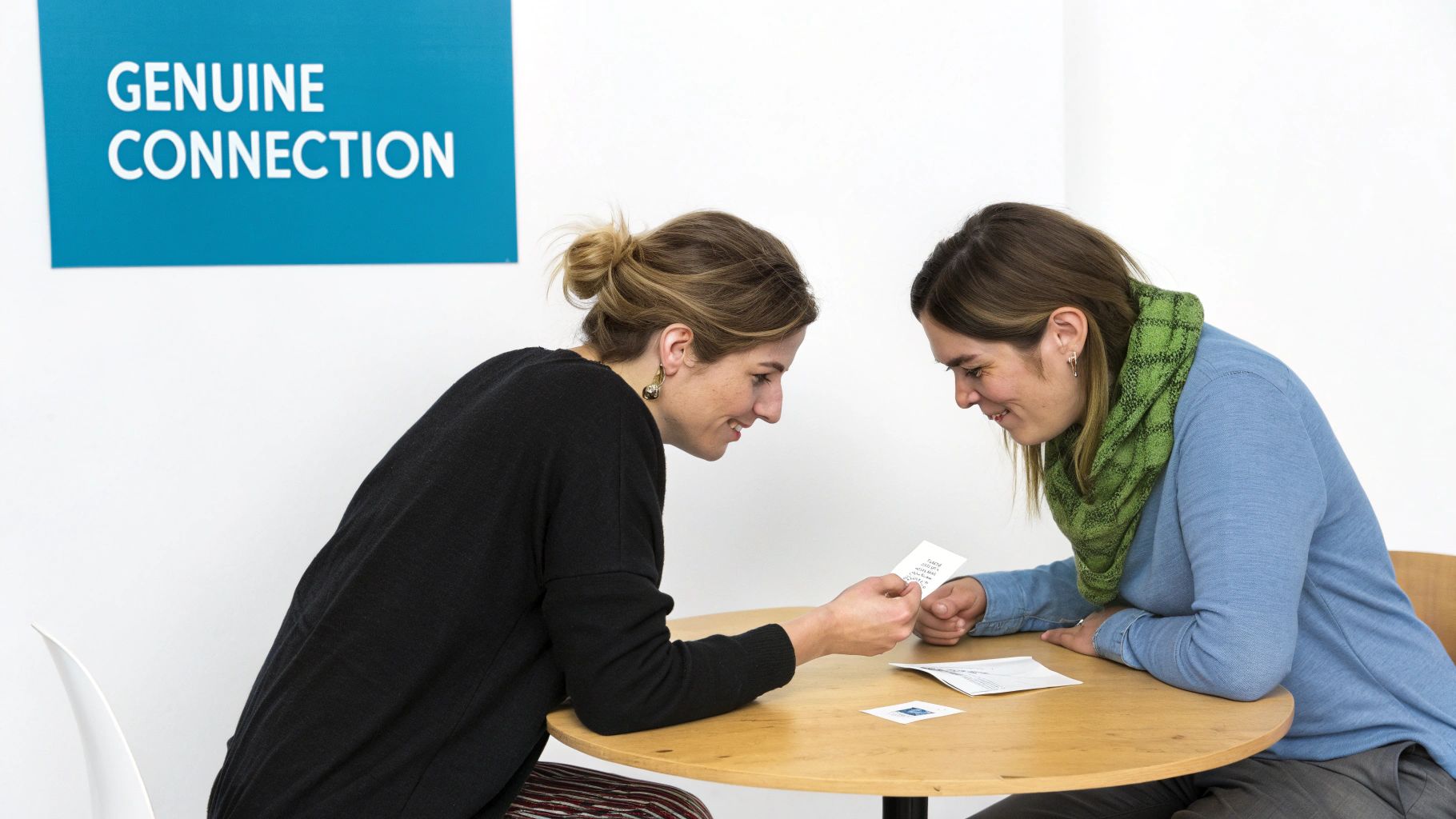 Two women engaged in a genuine connection activity, looking at a card on a wooden table.