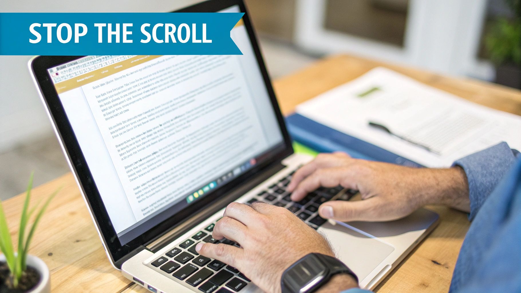 Person typing on laptop computer at wooden desk creating professional content for social media