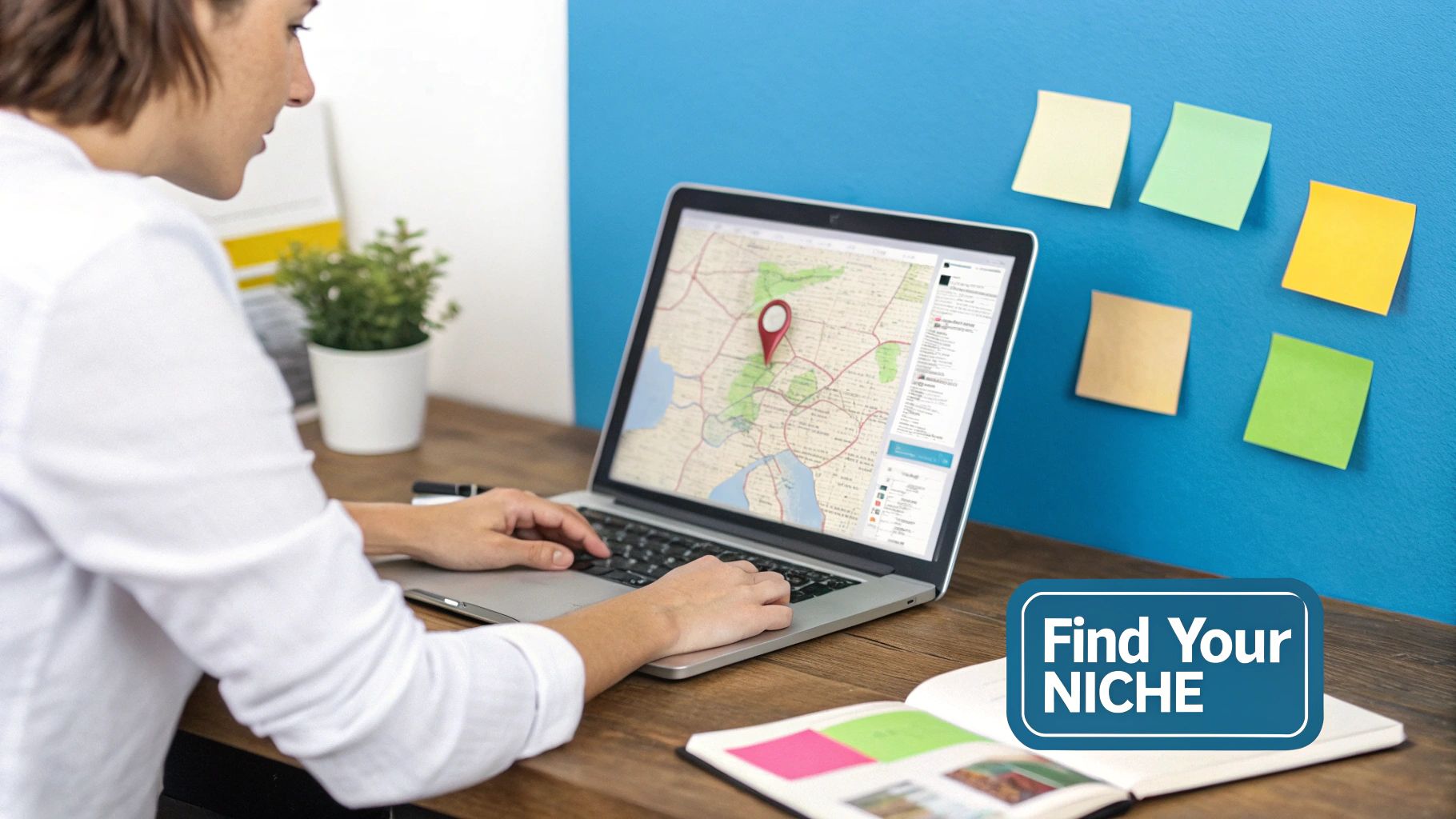 Professional woman using laptop with map location pin researching target audience and niche markets