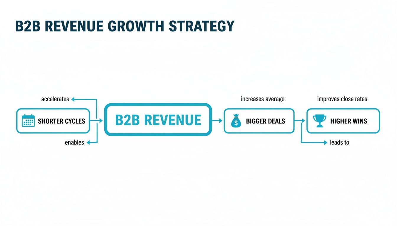 A B2B revenue growth strategy diagram showing how shorter cycles lead to bigger deals and higher wins.