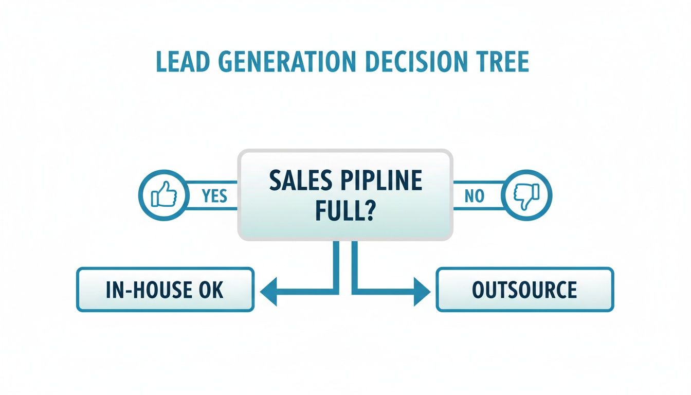 Lead generation decision tree flow for sales pipeline management, determining in-house or outsourced options.