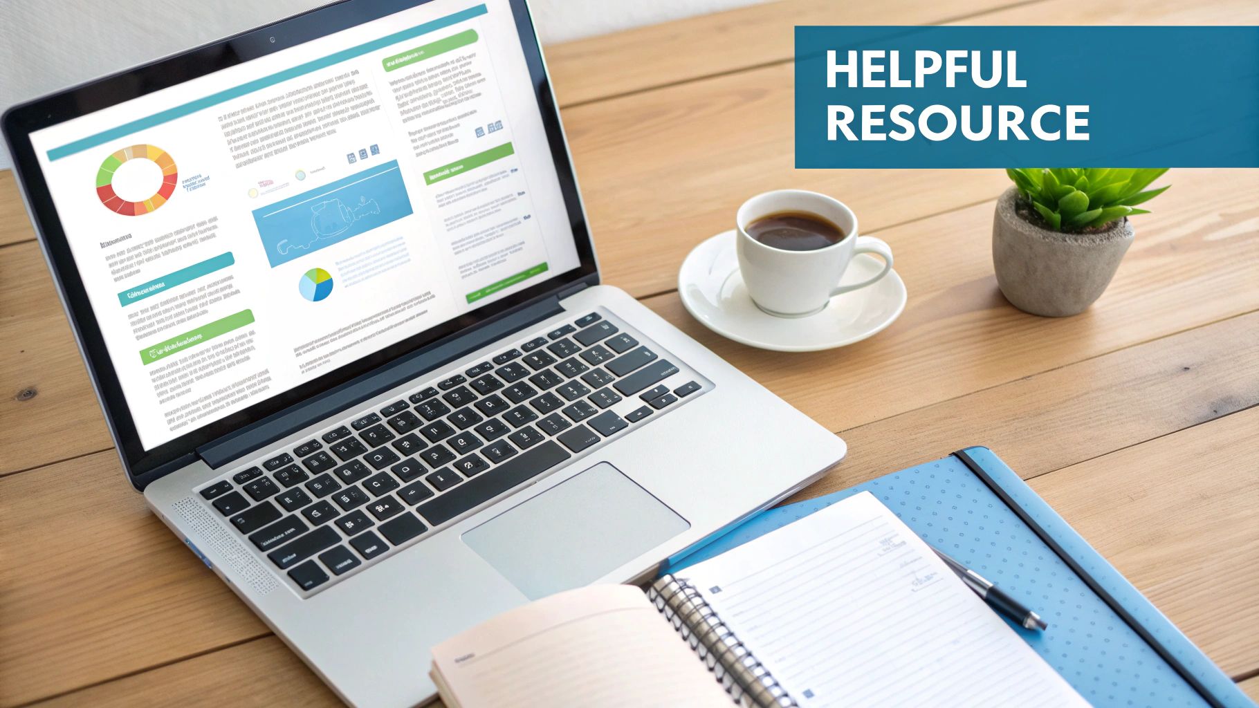 A laptop displaying business data and charts, with a coffee cup, notebook, and pen on a wooden desk.