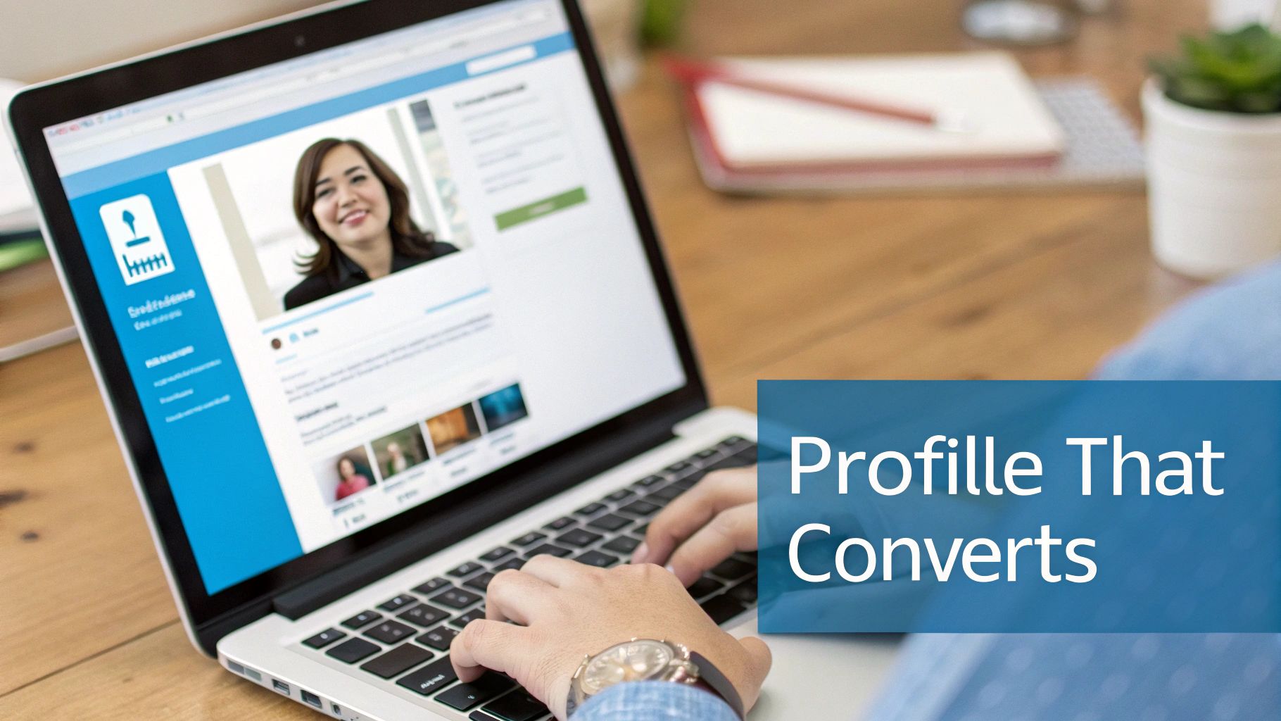 Person typing on a laptop displaying a social media profile with a smiling woman, and text 'Profle That Converts'.