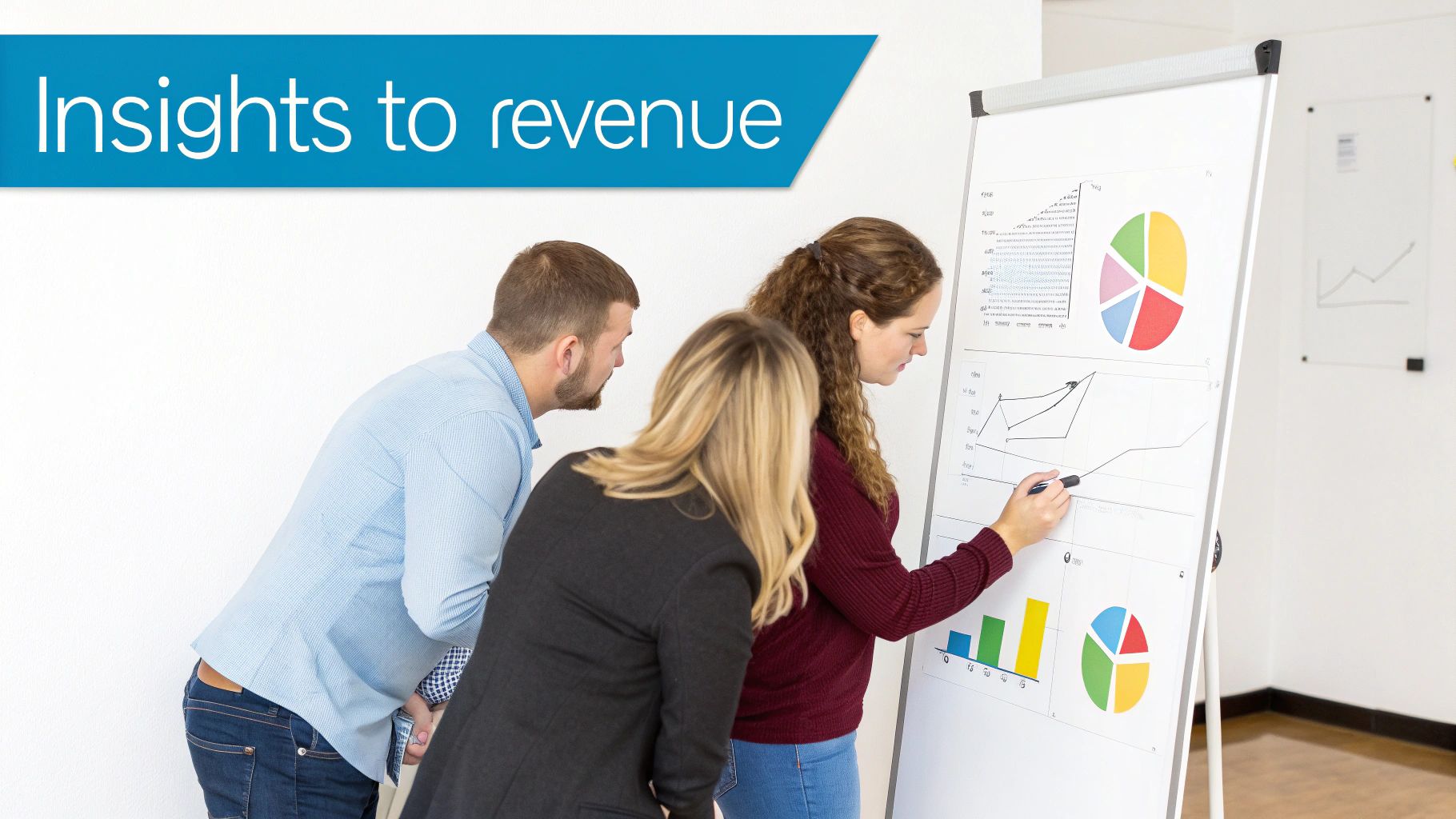 Three business people collaborating on a whiteboard, analyzing charts and graphs for revenue insights.