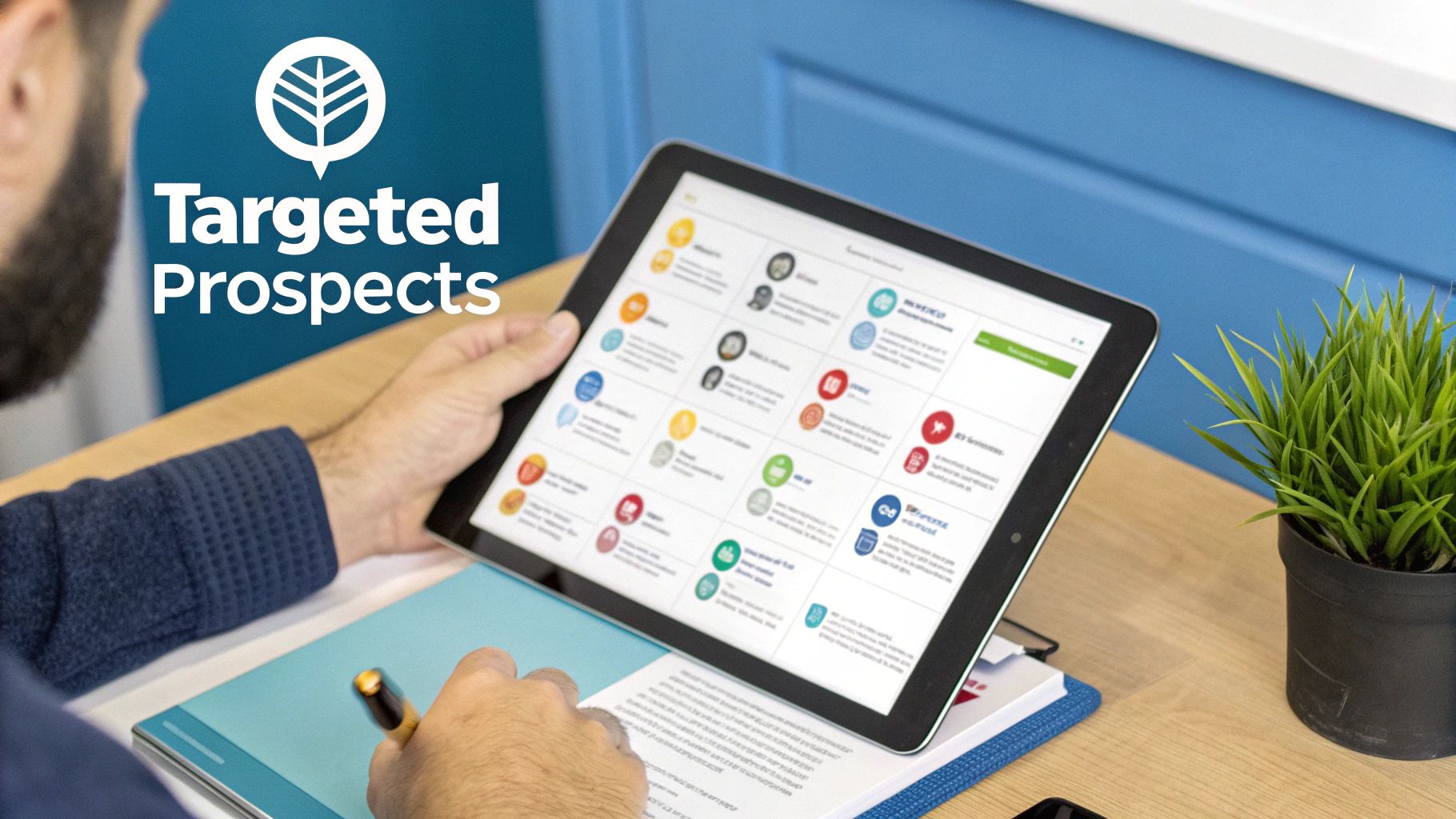 Professional reviewing targeted prospects workflow on tablet displaying colorful prospect management interface