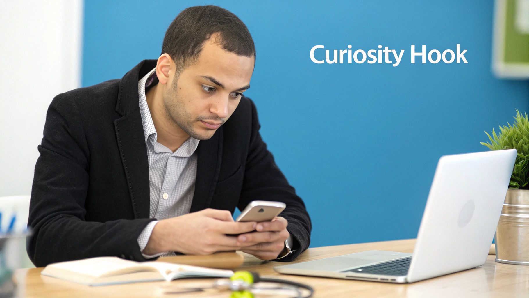 A man in a black jacket and shirt, focused on his smartphone at a desk with a laptop and book.