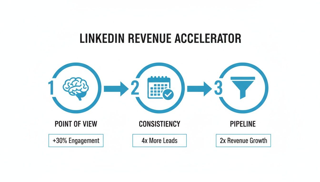 LinkedIn Revenue Accelerator process showing three steps: Point of View, Consistency, and Pipeline with their benefits.