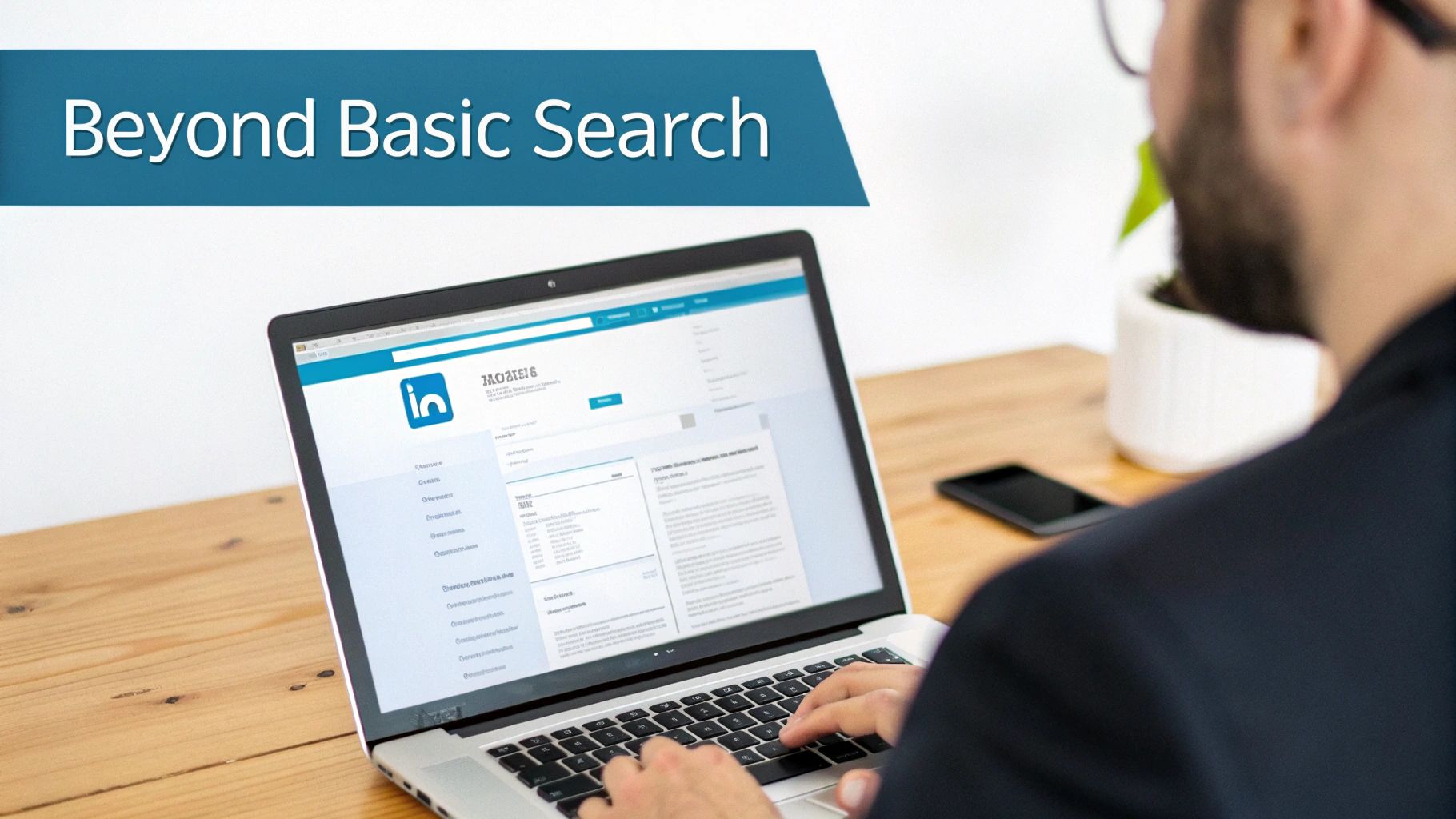 A person types on a laptop displaying LinkedIn, with a 'Beyond Basic Search' banner.