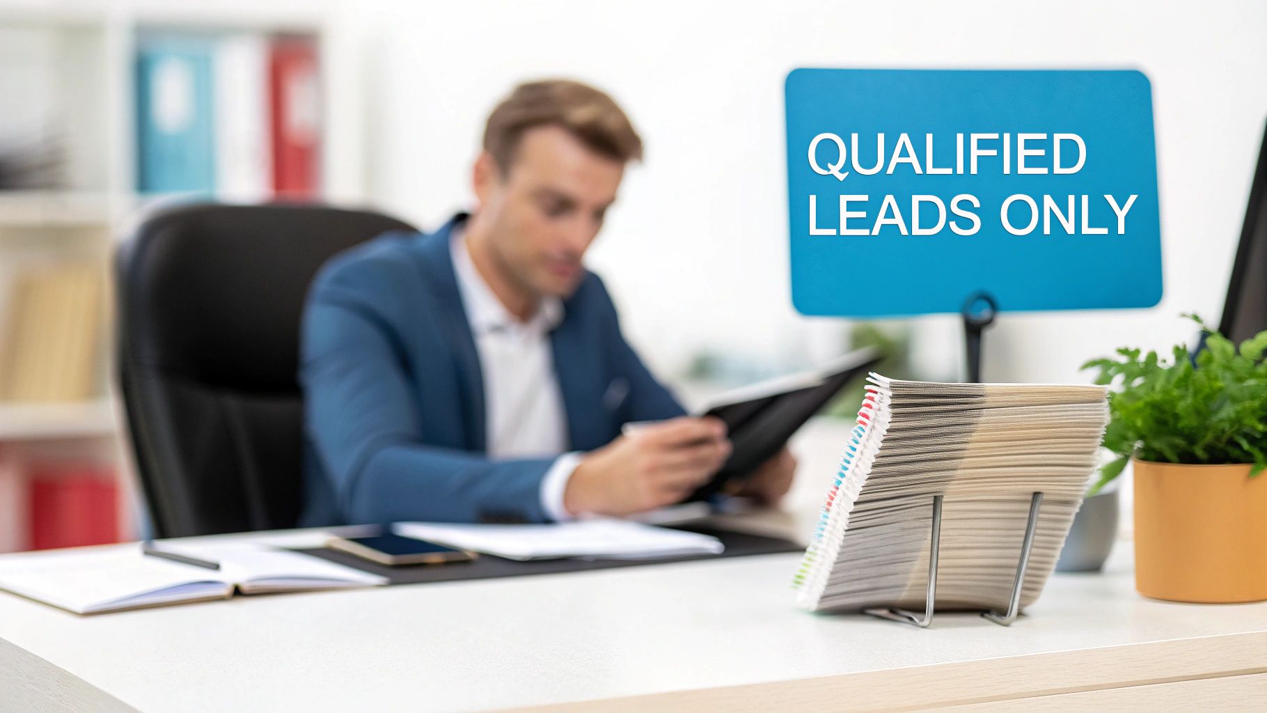 A blurred businessman in a suit at his desk with a clear "QUALIFIED LEADS ONLY" sign.