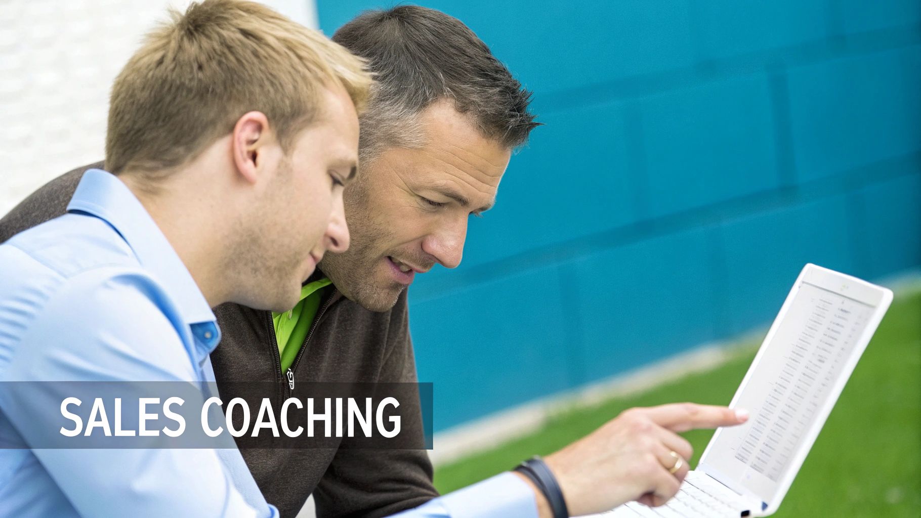 Two men engaged in sales coaching, looking at a laptop screen together in a collaborative discussion.