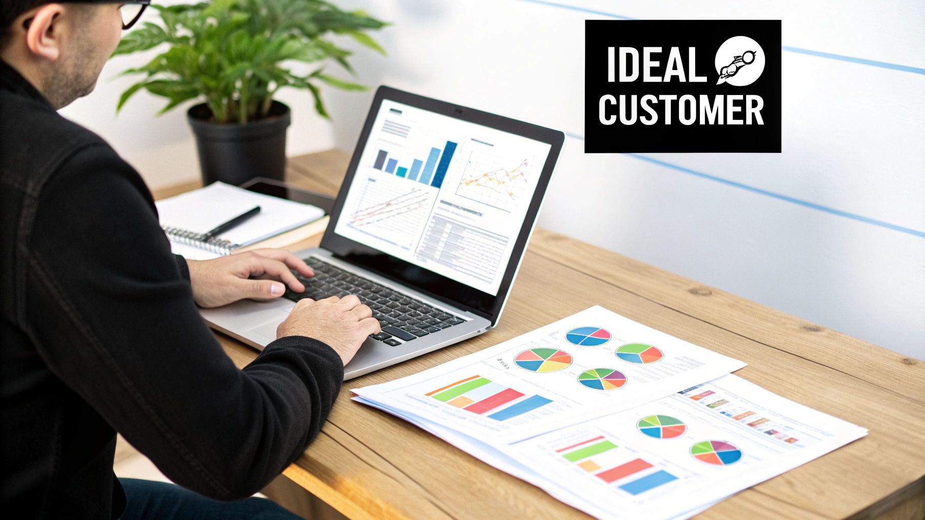 A group of professionals collaborating around a table, analyzing data on a laptop and documents, representing the process of defining an ideal customer profile.