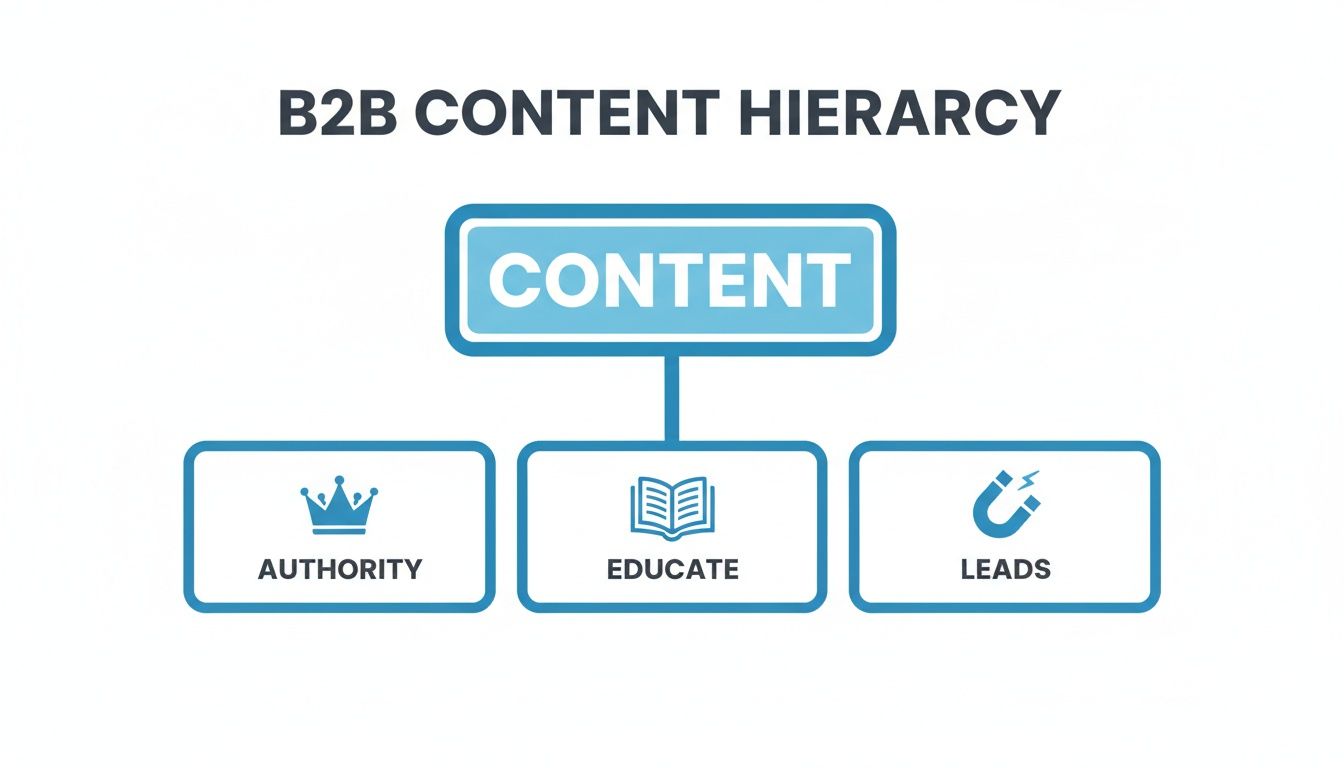 A flowchart titled 'B2B Content Hierarchy' showing content leading to authority, educate, and leads.
