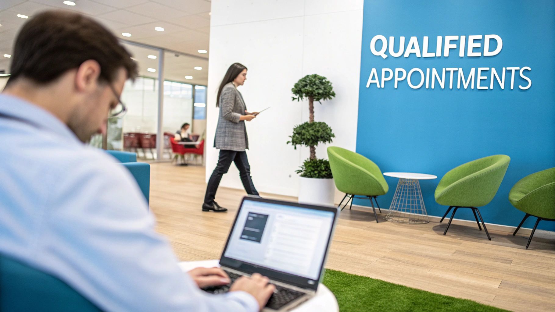 People working and walking in a modern office with a 'QUALIFIED APPOINTMENTS' sign.
