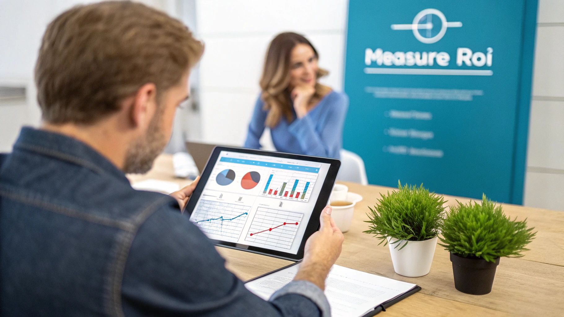 Man analyzing business data on a tablet with charts, discussing ROI with a colleague.