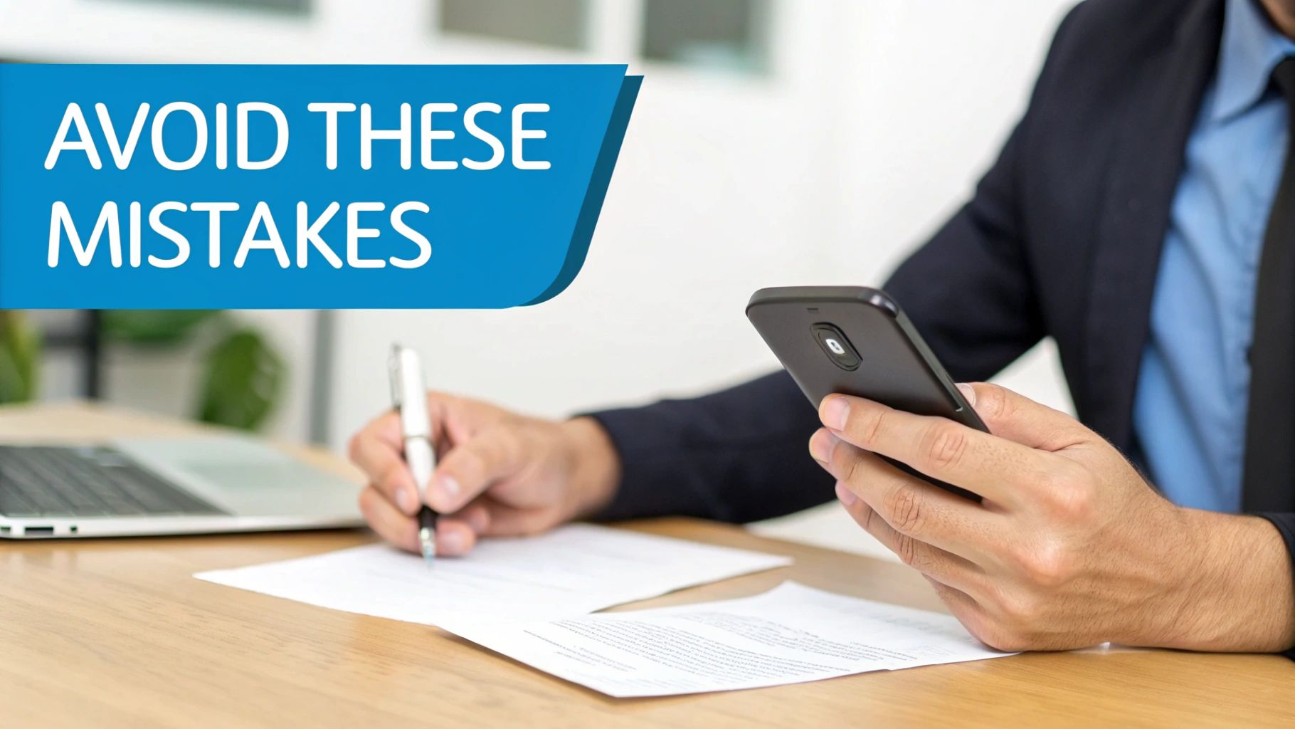 Businessman writing on paper and using a smartphone at a desk, with text "AVOID THESE MISTAKES."