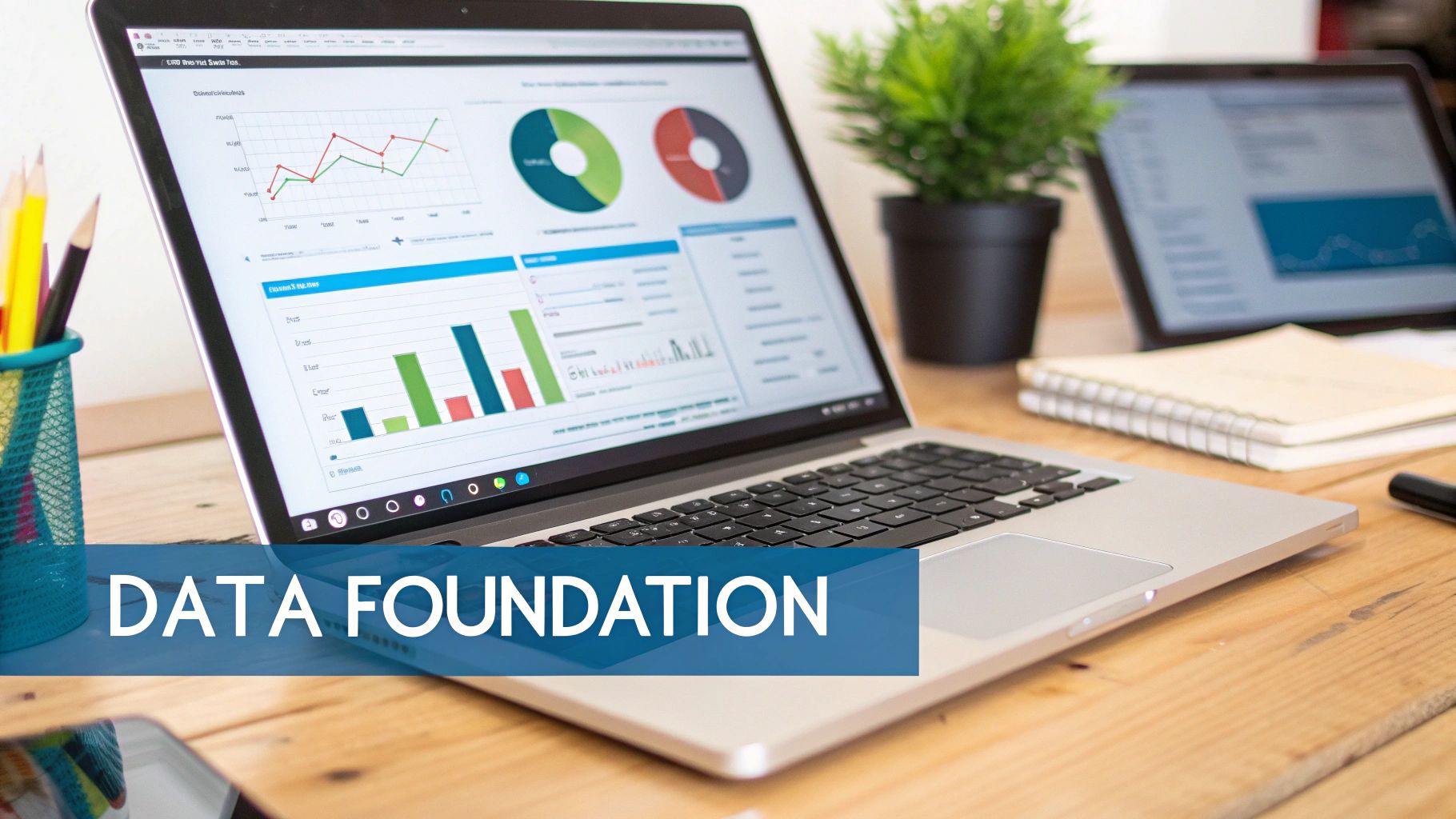 Laptop displaying data analytics dashboards with graphs and charts, on a desk with a 'DATA FOUNDATION' overlay.