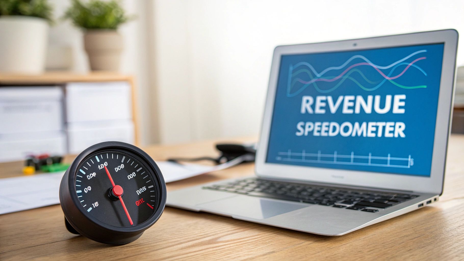 A laptop displaying 'REVENUE SPEEDOMETER' with graphs, next to a physical gauge on a wooden desk.