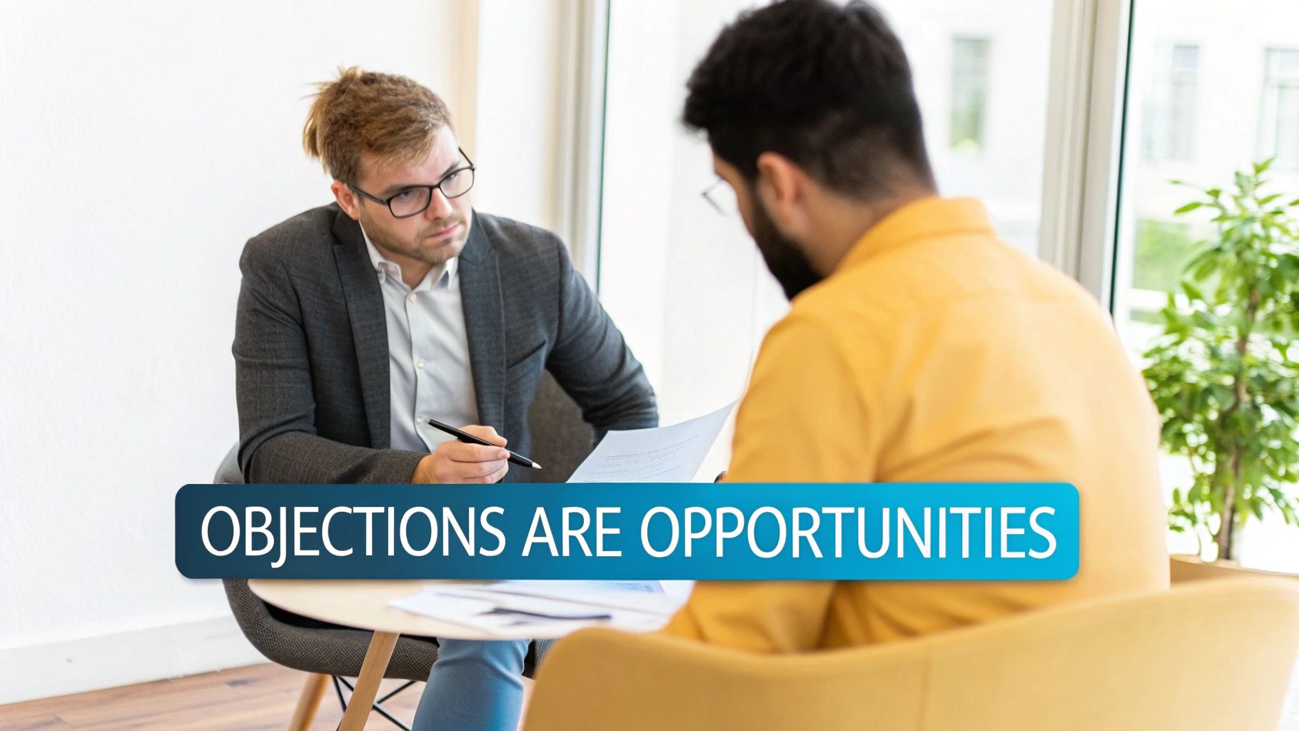 Two professionals discussing documents in an office, one with a pen, with 'Objections Are Opportunities' text.
