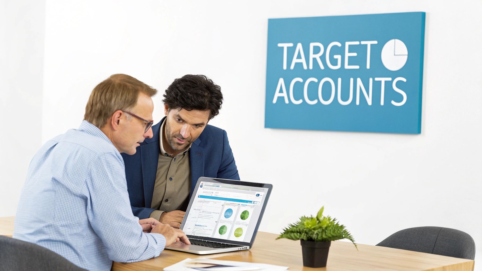 Two businessmen collaborate on a laptop, reviewing data under a 'TARGET ACCOUNTS' sign.