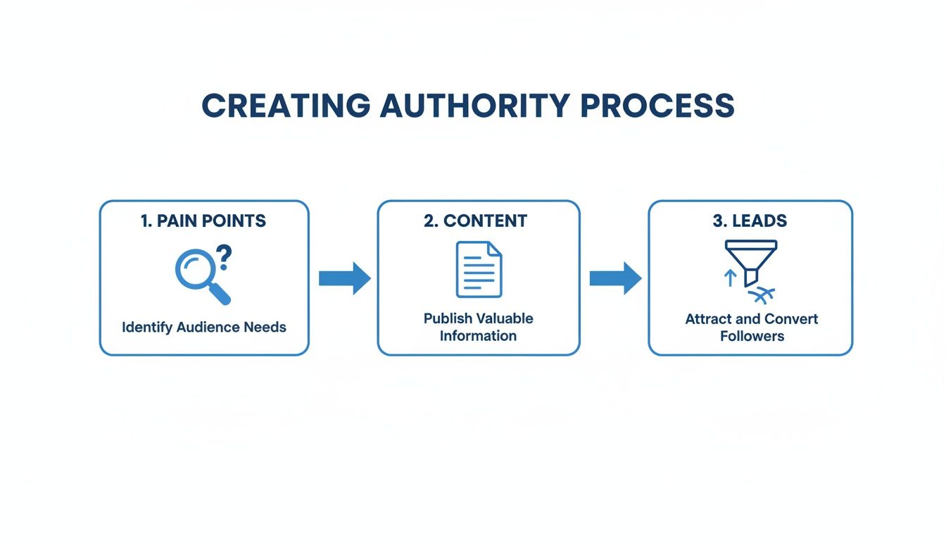 A three-step process diagram illustrating how to create authority: identify pain points, publish content, and convert leads.