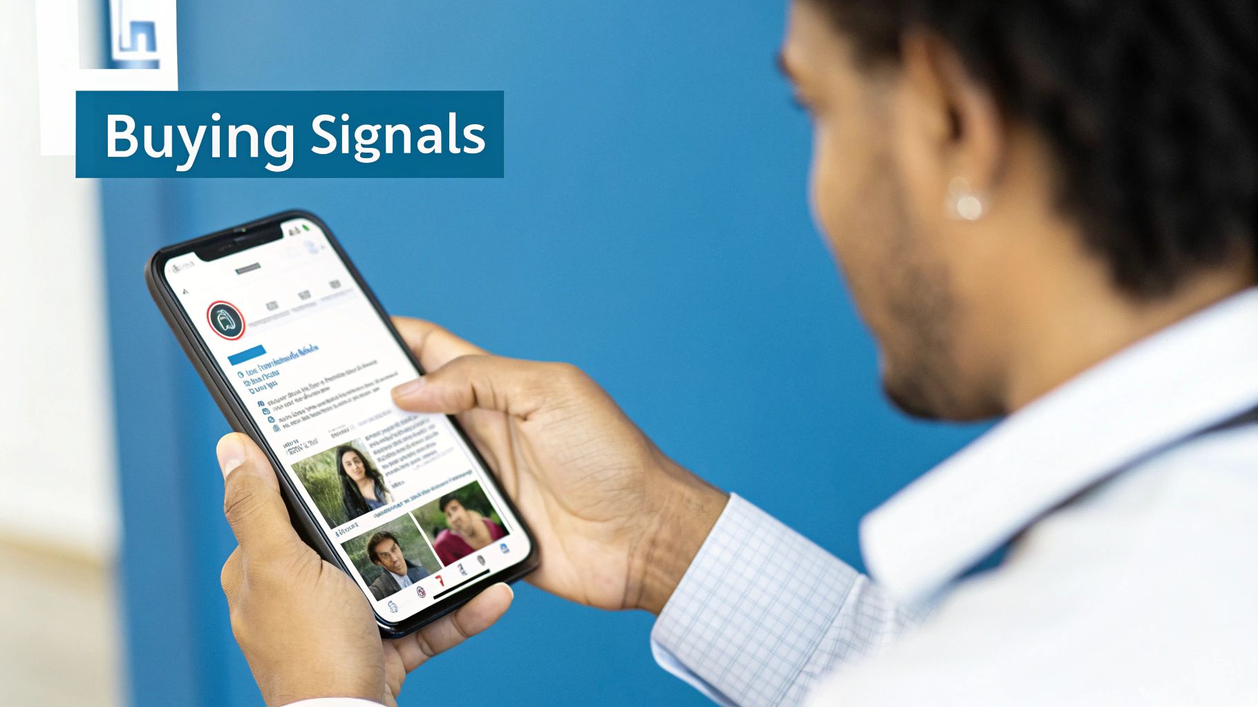Man analyzing buying signals on a smartphone with business profiles and data feed.