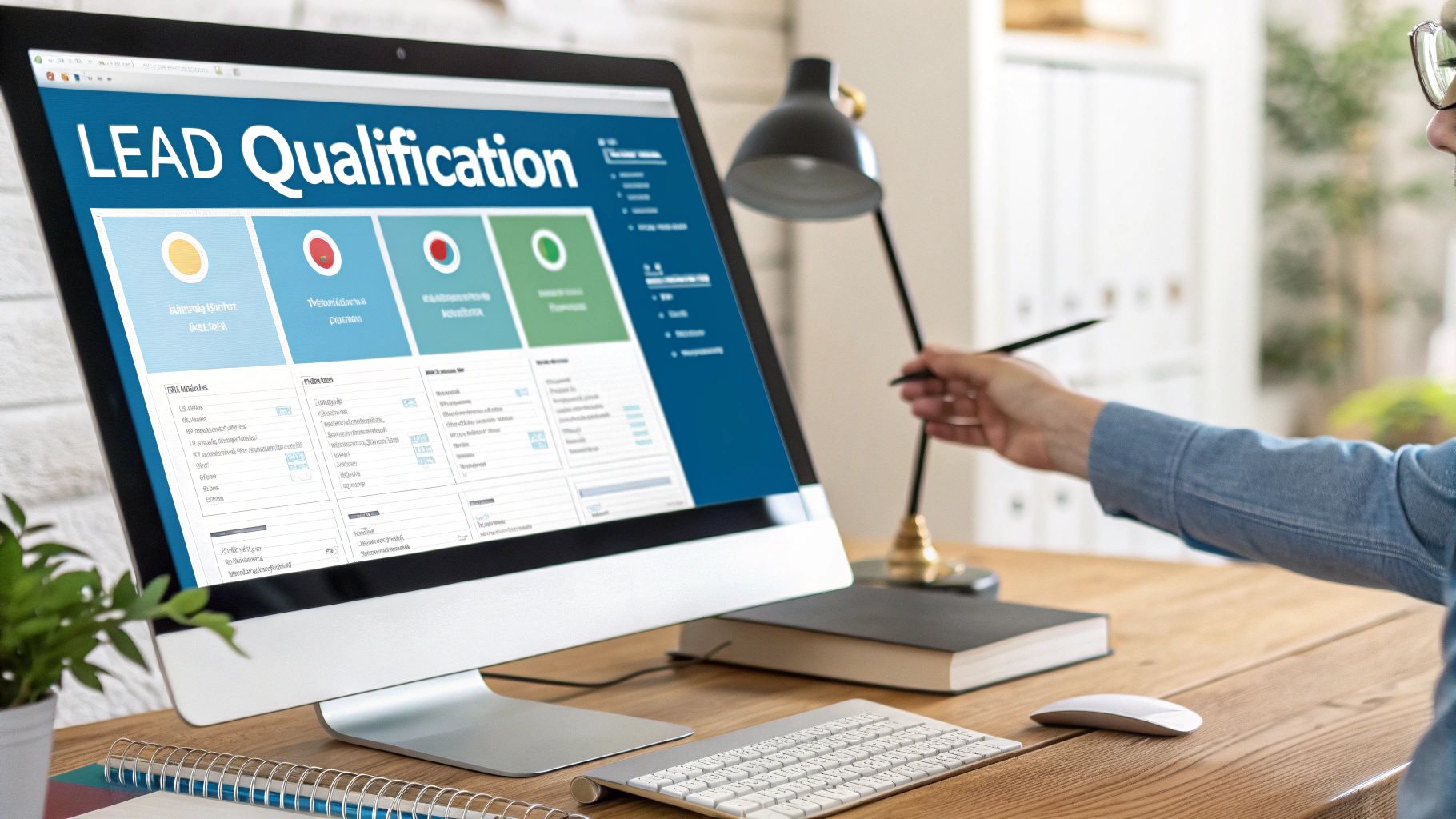 A person reviewing a 'LEAD Qualification' dashboard on a desktop computer screen at a wooden desk.