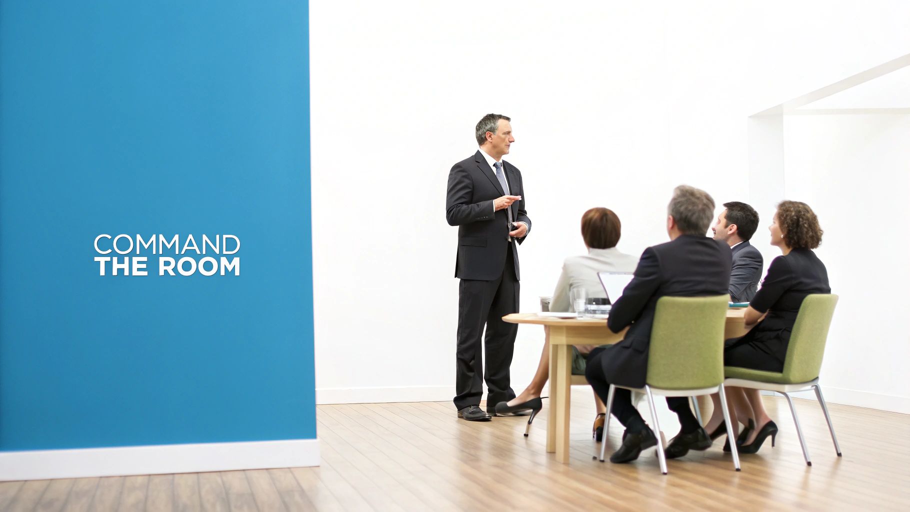A businessman presenting to a small group in a modern conference room with a blue wall and text 'COMMAND THE ROOM'.