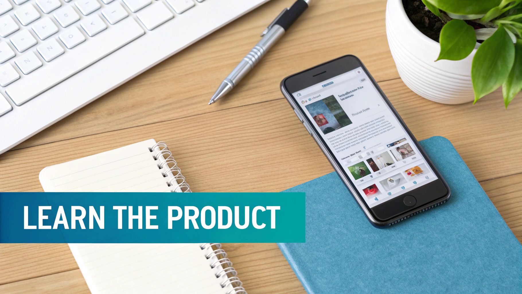 Flat lay of a workspace with a keyboard, smartphone, pen, notebooks, and a plant, promoting 'LEARN THE PRODUCT'.