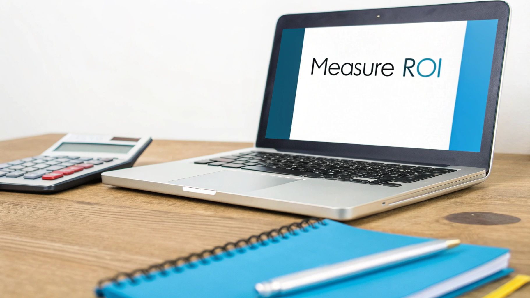 Laptop displaying Measure ROI text on screen with calculator and notebook on wooden desk