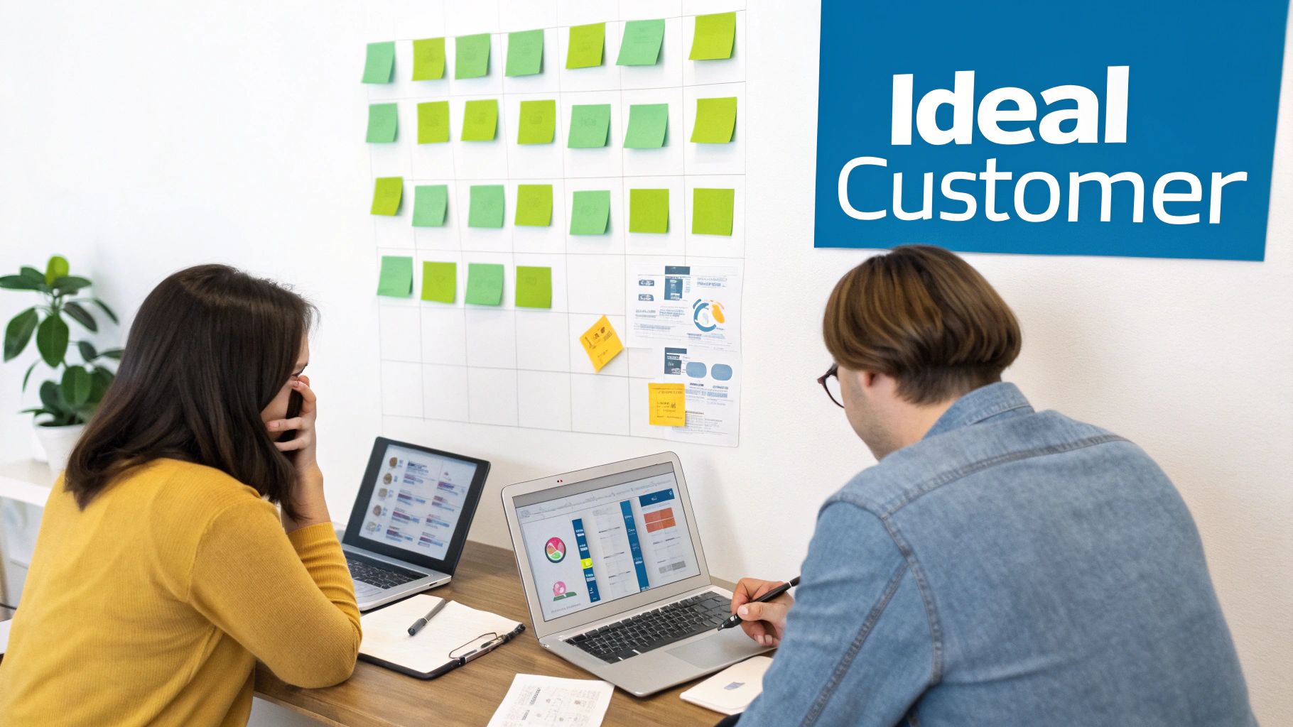 Two colleagues collaborating on laptops at a desk, with sticky notes and an "Ideal Customer" sign in the background.
