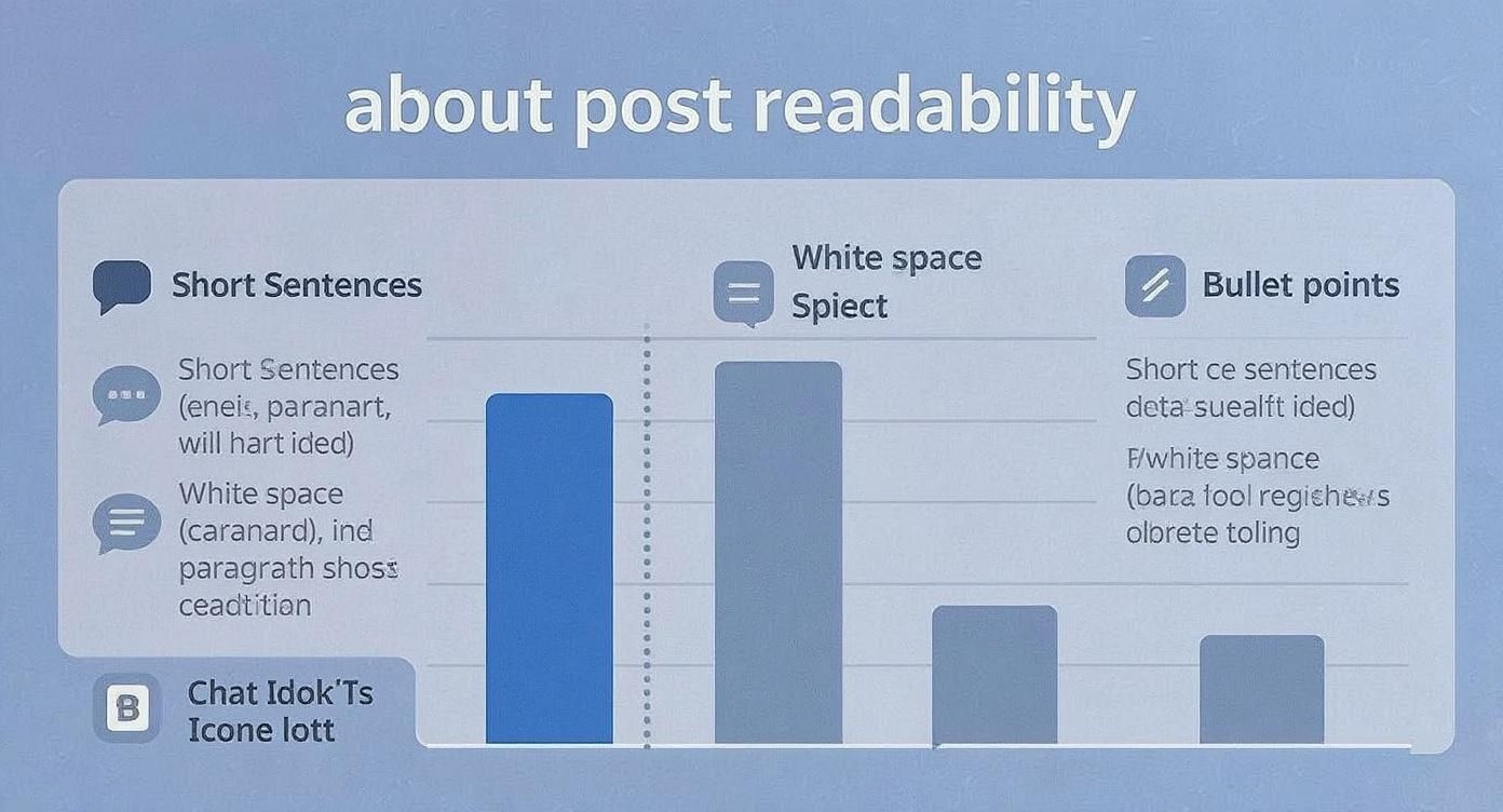 Infographic showing post readability tips including short sentences, white space, and bullet points with bar chart