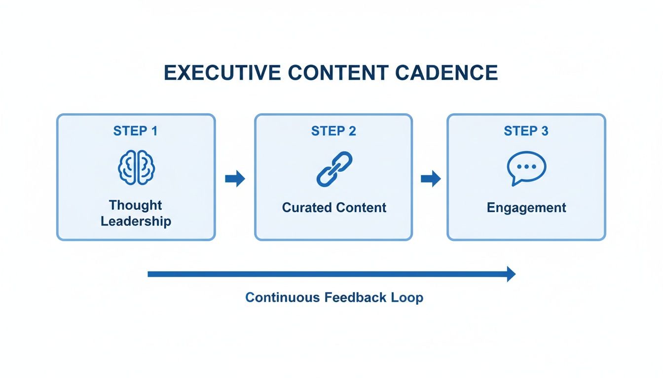 Flowchart showing the executive content cadence: Thought Leadership, Curated Content, and Engagement, with a continuous feedback loop.