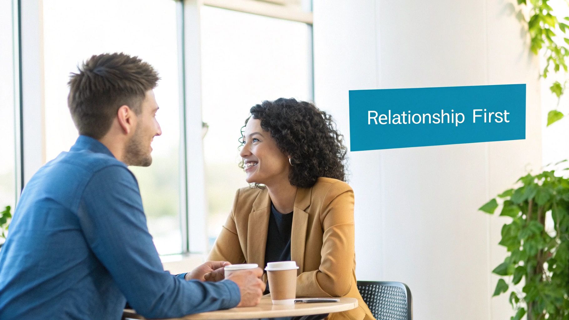 Two smiling professionals, a man and a woman, talk over coffee at a table.