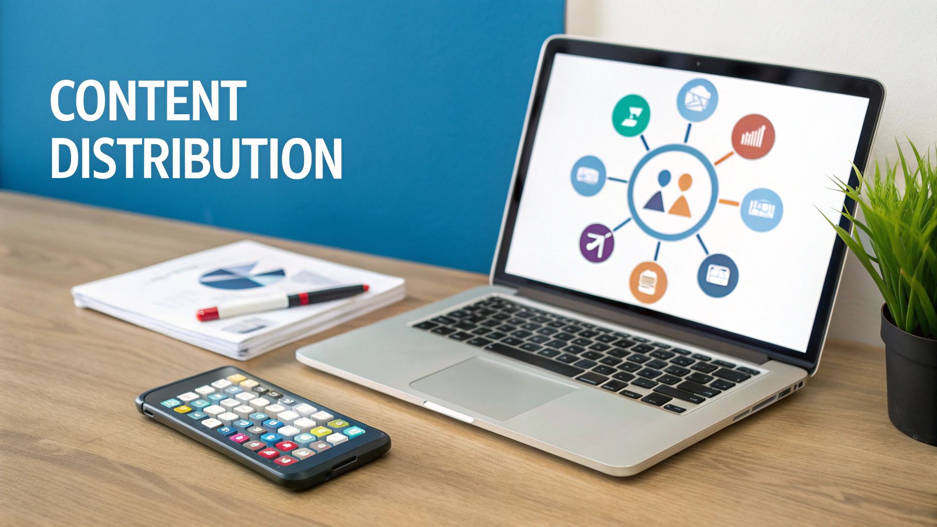 Content distribution network diagram displayed on laptop screen showing social media and marketing channels