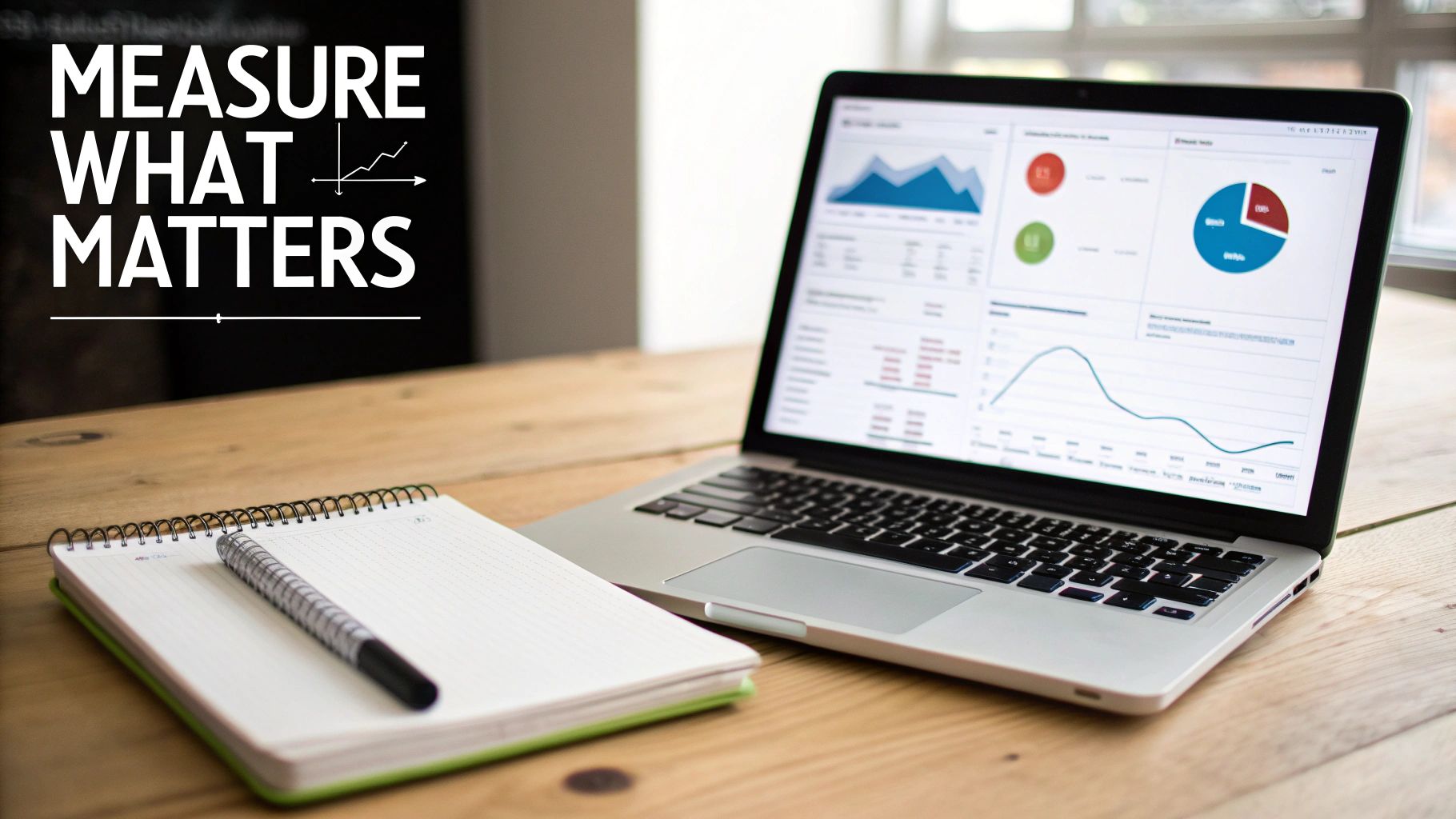 A professional dashboard on a computer screen showing various charts and graphs tracking business metrics.