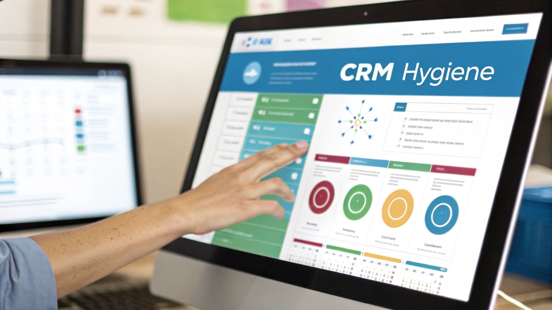 A person's hand points at a computer monitor displaying a CRM Hygiene dashboard with charts and data.