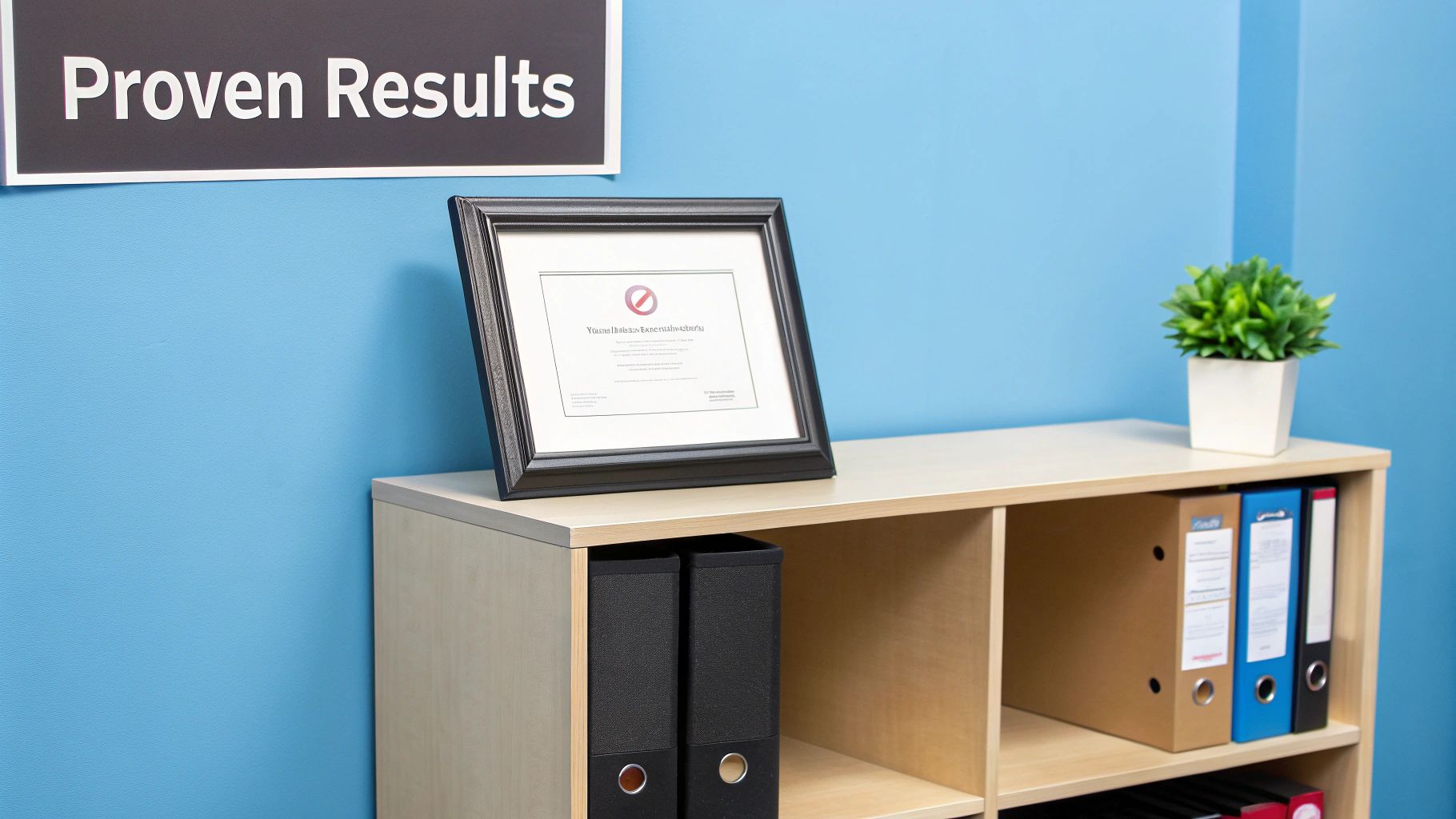 An office shelf with file binders, a framed certificate, and a potted plant, under a 'Proven Results' sign.