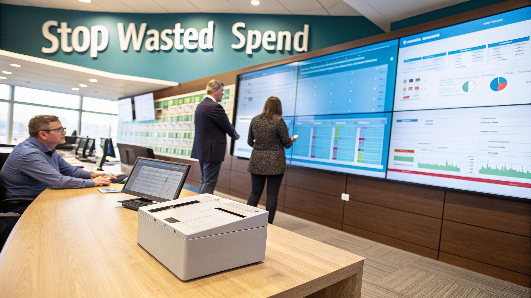 People in a modern office analyzing data on large wall screens and laptops to stop wasted spend.