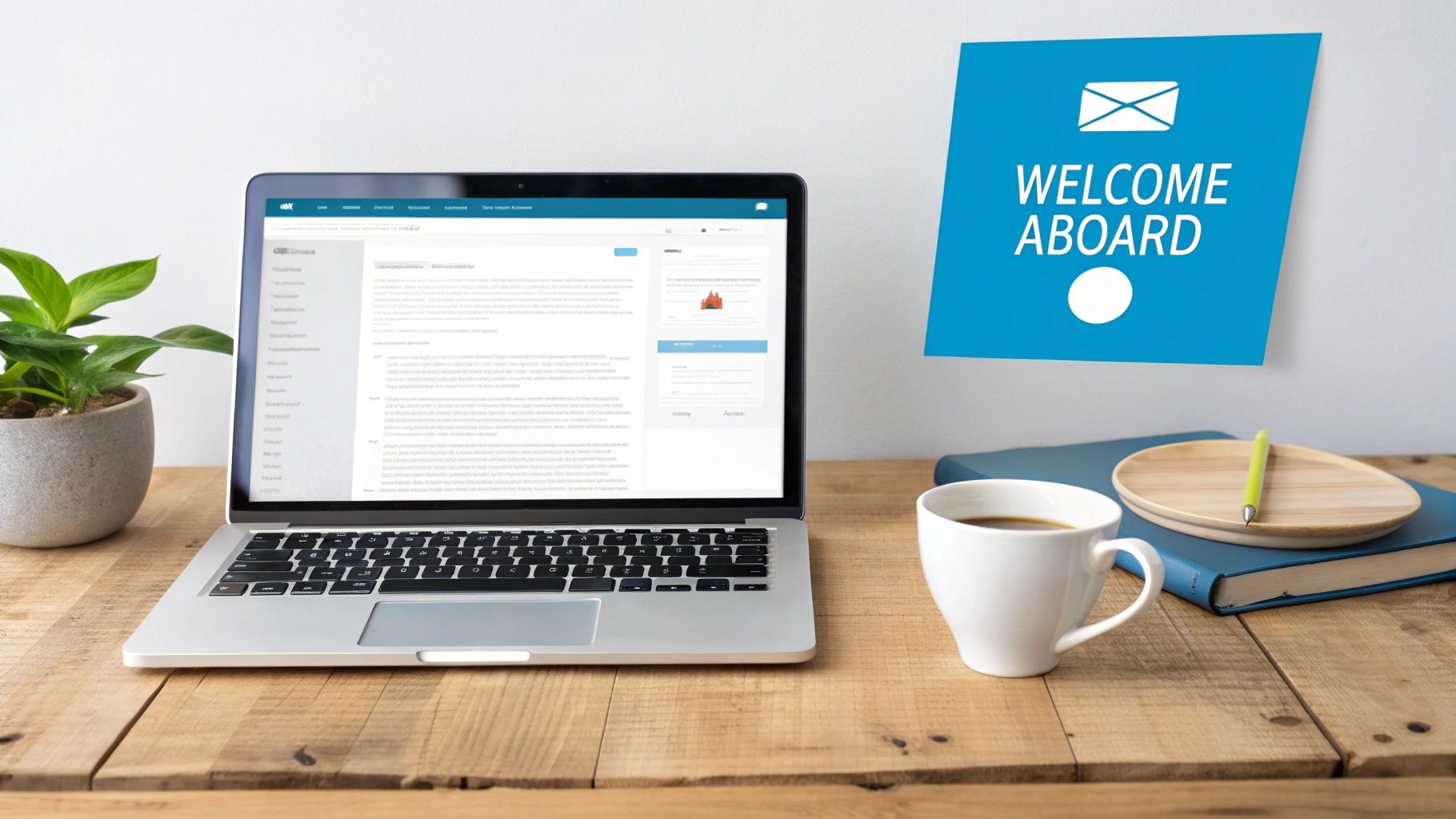 A laptop, coffee, and plant on a wooden desk with a 'Welcome Aboard' note on the wall.