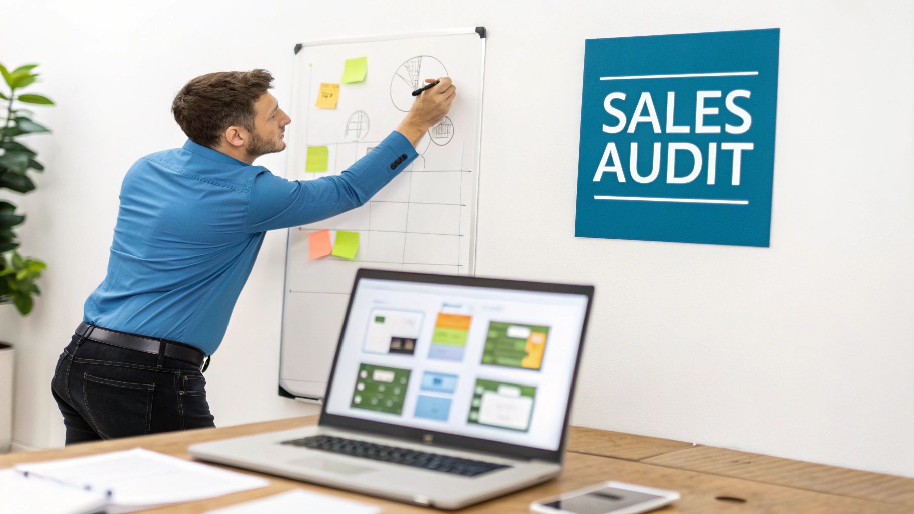 A man in a blue shirt draws charts on a whiteboard next to a "Sales Audit" sign, with a laptop on the desk.