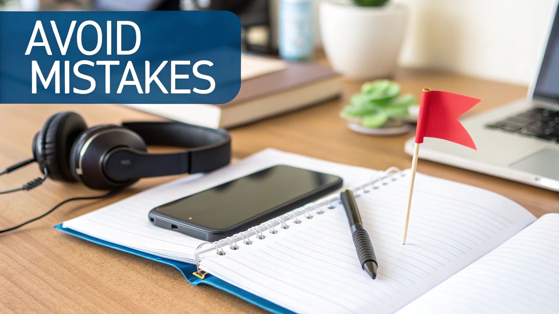 A desk with a notebook, phone, headphones, and a red flag, with text 'AVOID MISTAKES'.