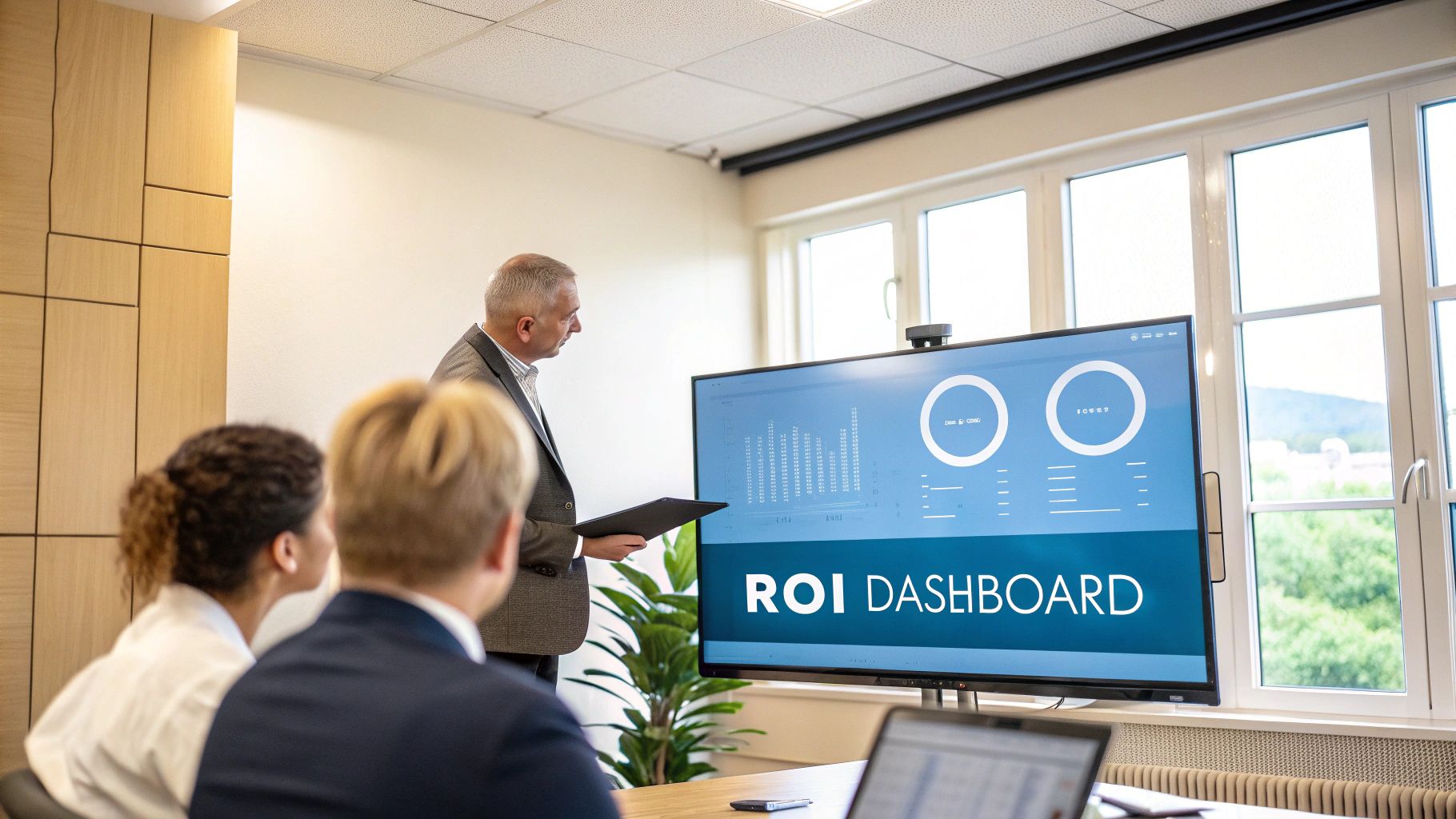 A male presenter discusses an ROI dashboard displayed on a large screen during a business meeting with two attendees.