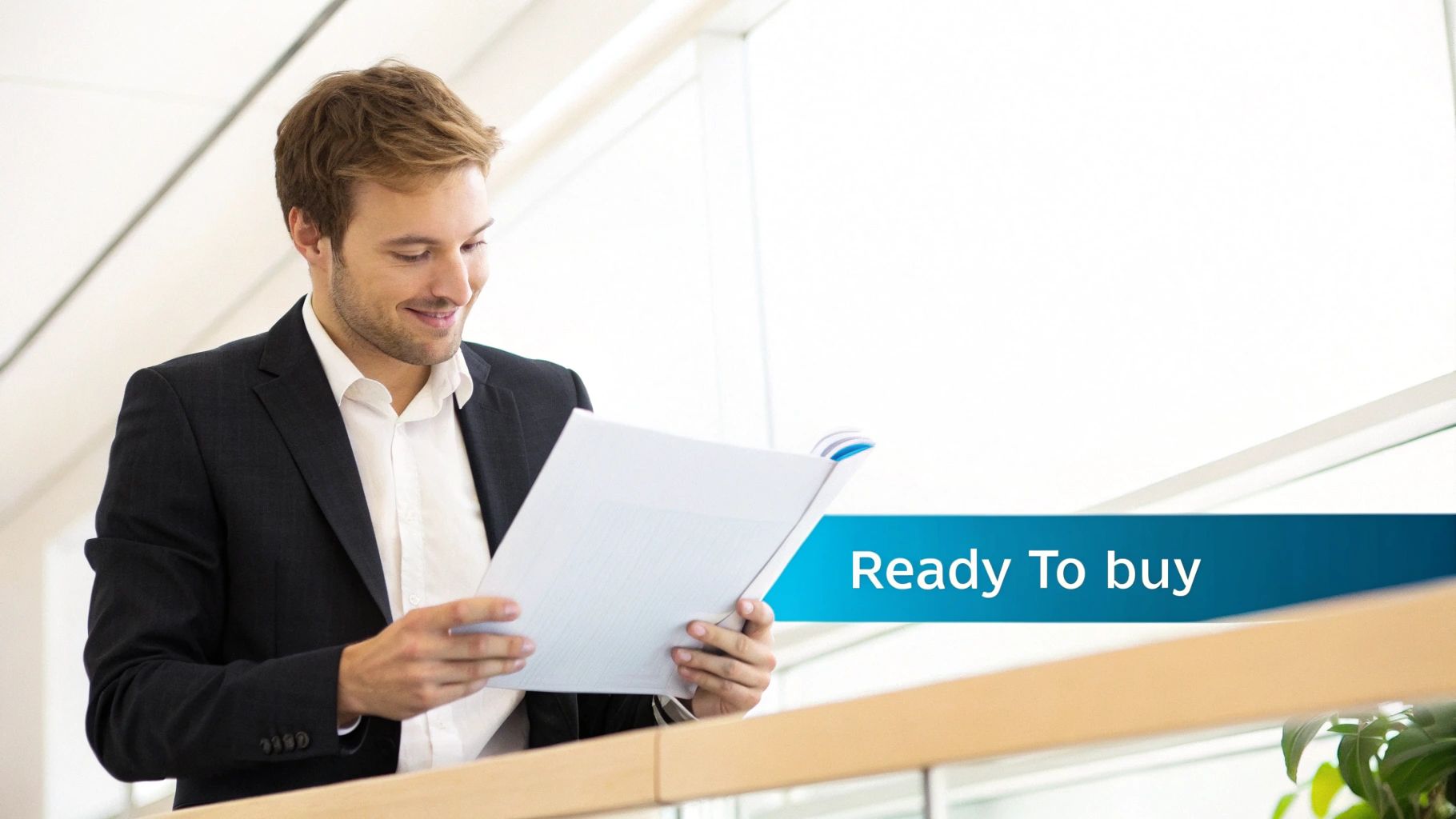 A smiling businessman in a suit reads a document with a blue 'Ready To buy' banner.
