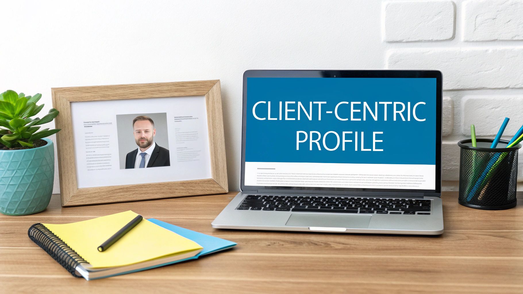 A professional desk setup with a laptop displaying 'CLIENT-CENTRIC PROFILE', a framed photo, and office supplies.