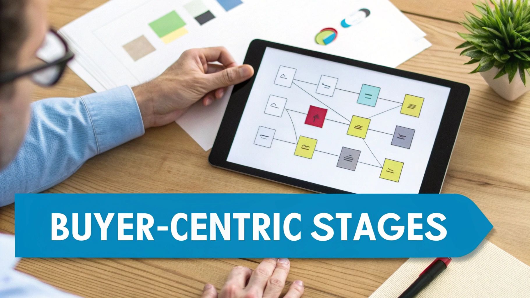 Overhead view of a person analyzing a tablet with a buyer-centric stages diagram on a wooden desk.